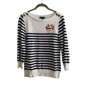 Lauren Ralph Lauren Nautical Striped Crest Button Shoulder Sweater Navy White M